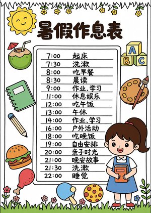 暑假作息表手抄报，简单又漂亮！小学生暑假计划表模板，卡通手绘风格，适合1-...