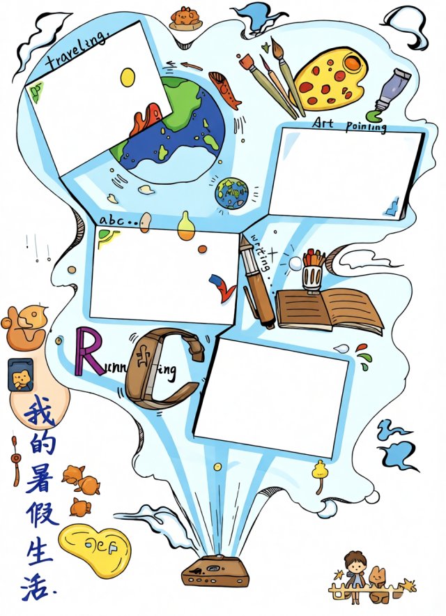 简单又漂亮的暑假生活手抄报模板，适合小学生英语主题，简单又好看