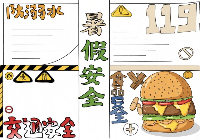 暑假安全小报手抄报简单又漂亮：防溺水、交通、食品安全，小学生暑假安全教育模板