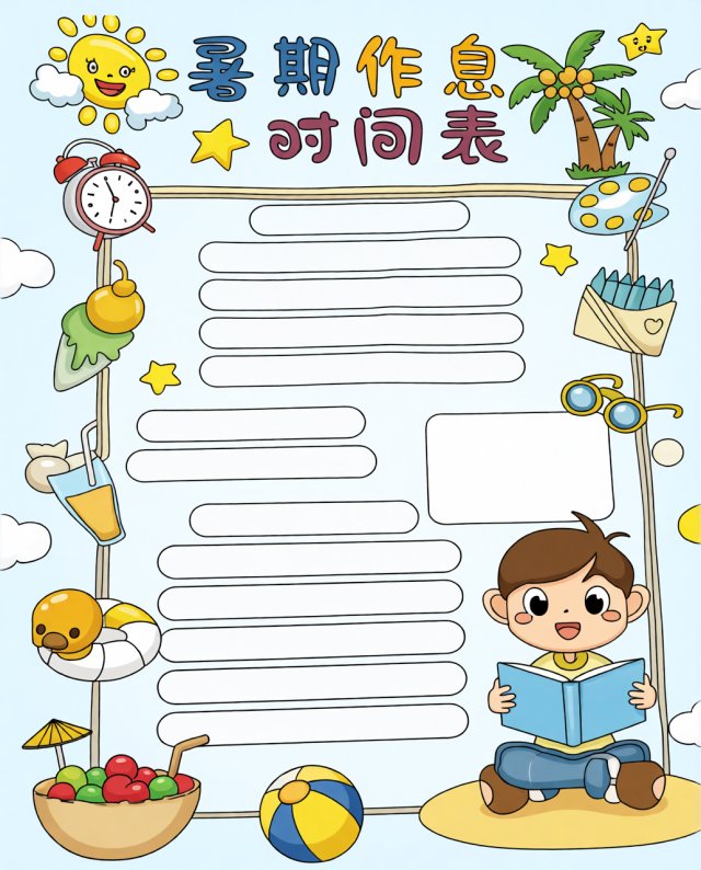 暑假作息时间表小报/手抄报简单又漂亮，小学生暑假计划表模板，轻松制作优秀作业